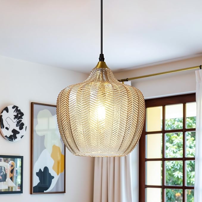 Modern Gold Pendant Light, Amber Glass Farmhouse Kitchen Island Pendant Light Fixture Adjustable Vintage Hanging Ceiling Light for Dining Room Corridor 9.45 inch 1 Pack, UL Certification