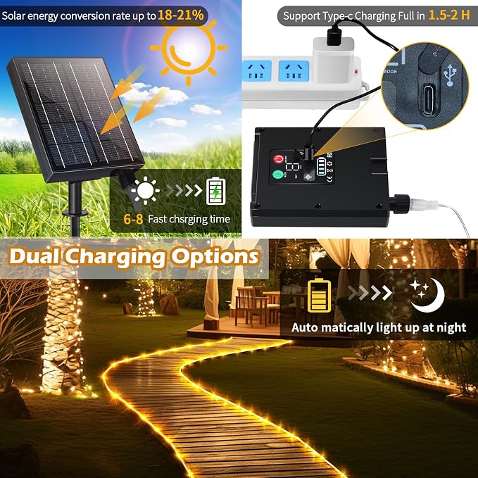 LairtPOW Thicker Tube Solar Rope Lights with Remote for Garden Decor,98FT 300LEDs Outdoor Solar String Lights for Yard,IP67 Waterproof USB Charging,Timing & 8 Modes Fairy Light for patios(Warm White)