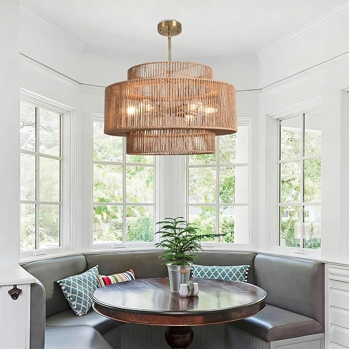 Large Rattan Chandelier 23.62" Boho Chandelier for Dining Room 3-Tier Hand Woven Boho Light Fixture 6 Light Modern Farmhouse Chandelier Kitchen Island Lighting