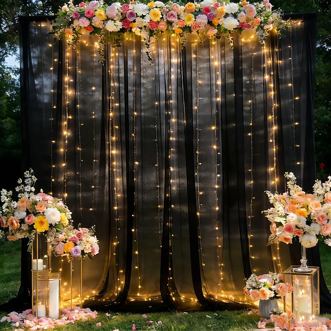 Black Tulle Backdrop Curtain with Lights Strings, Elegant Sheer Photo Backdrop Drapes, Soft Fabric Curtain for Weddings Brithday Parties Photography Background Decor, 10ftx8ft
