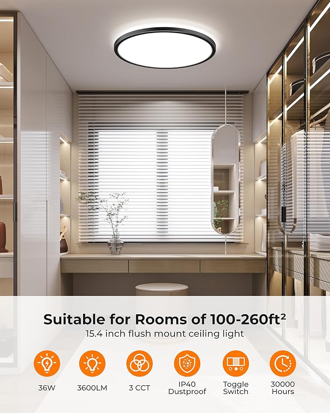 BLNAN 15.4 Inch LED Flush Mount Ceiling Light, 3000K-5000K 3 Color Selectable Ceiling Lights, 36W 3600LM Closet Light Fixture, Ceiling Lamp for Bedroom, Dining Room, Kitchen, Black