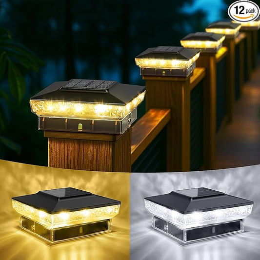 KEILAIMO Solar Post Cap Lights, 12-Pack Upgraded Outdoor Deck Fence Post Solar Lights for 4x4 5x5 Wood/Vinyl Posts, IP65 Waterproof, 10-12 Hours Warm/Cool White Glow for Garden/Patio/Porch - Black
