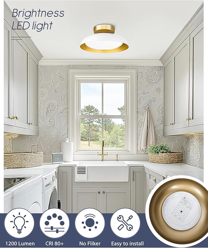 kudos White and Gold Ceiling Light Fixture 2 Pack, LED Semi Flush Mount Light Fixture, 12W/1200Lm 12 Inch Ceiling Lights for Kitchen, Hallway, Bathroom, 3000K/4000K/6000K Adjustable, KDCL01-WT-2PK