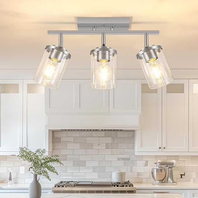 FadimiKoo 3-Lights Kitchen Light Fixtures Ceiling Mount, Brushed Nickel Adjustable Semi Flush Mount Ceiling Light with Clear Glass, Multi-Directional Track Spotlights for Kitchen Hallway Bathroom