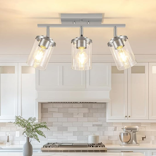 FadimiKoo 3-Lights Kitchen Light Fixtures Ceiling Mount, Brushed Nickel Adjustable Semi Flush Mount Ceiling Light with Clear Glass, Multi-Directional Track Spotlights for Kitchen Hallway Bathroom