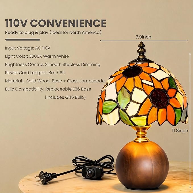 12.2" Handcrafted Sunflower Tiffany Lamp, Solid Wood Sphere Base, Stepless Dimmable Bedside Lamp for Reading Nook, Library & Mid-Century Decor, Aesthetic Antique Art Gifts, G45 LED Bulb Included