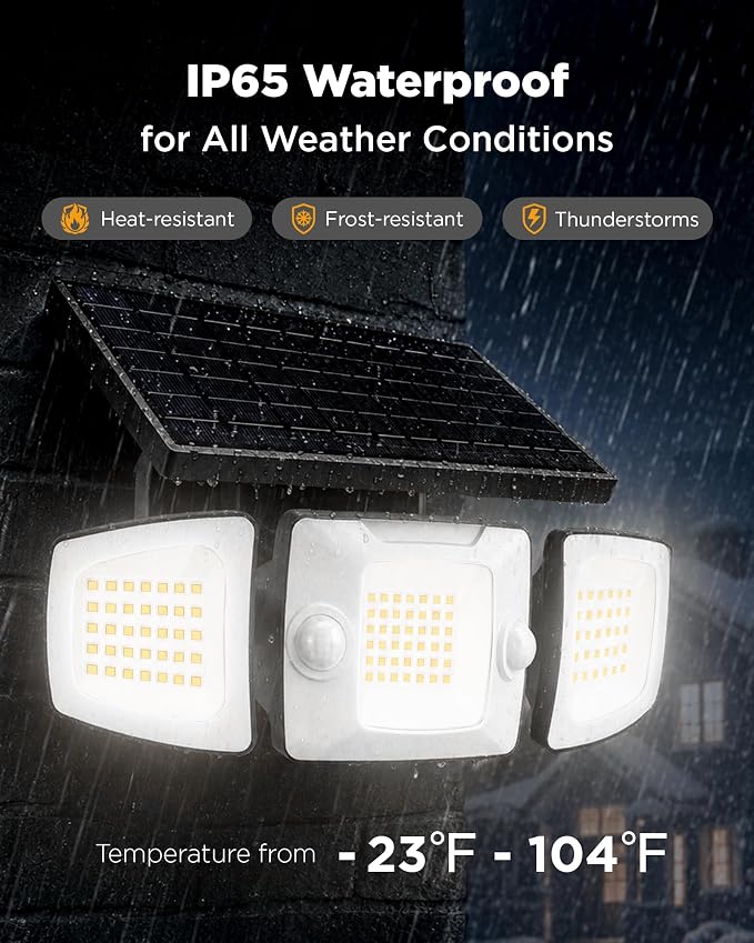 Deepn Solar Motion Sensor Lights, IP67 Waterproof Solar Security Lights with Dual Motion Sensors, 270° Angle 3 Heads Outdoor Flood Lights with Remote, 3 Modes Flood Wall Light for House Garage