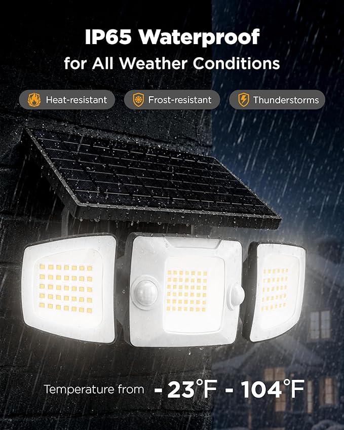 Deepn Solar Outdoor Lights, IP67 Waterproof Solar Flood Lights Outdoor with Dual Motion Sensors, 3 Modes Security Solar Lights Outdoor with Remote, 270° Wide Angle 3 Heads Flood Area Light for Garage