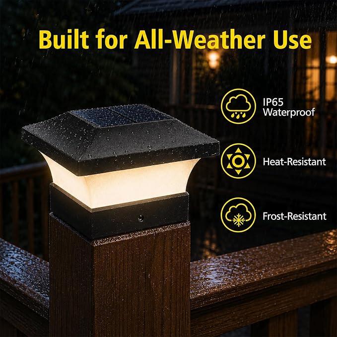 T-SUN 4X4 Solar Post Cap Lights, 6 Pack Warm White LED Fence Post Solar Lights, Outdoor Waterproof Post Lights for Wood & Vinyl Fence Posts, Deck, Patio Railing, Porch, Black