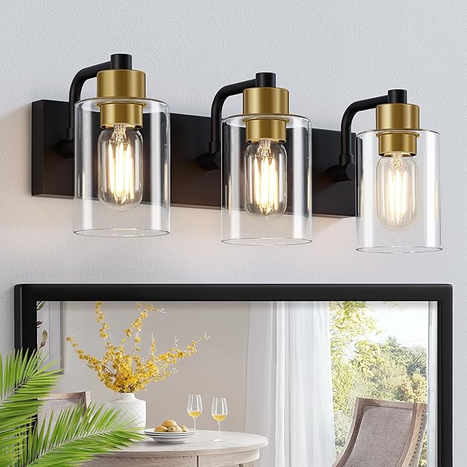 Dpyrrhic Bathroom Light Fixtures,Matte Black and Gold 3-Light Bathroom Lights with Clear Glass Shade,Modern Wall Sconces Over Mirror for Bathroom, Black&Gold, JD-188