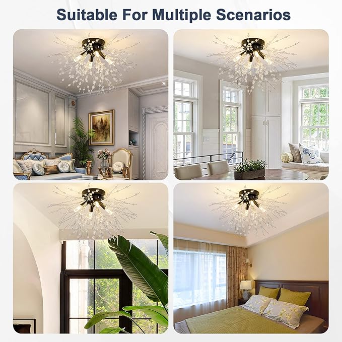 Modern Black Crystal Ceiling Light Fixture, 4-Light Mini Crystal Sputnik Firework Chandelier, Semi Flush Mount Ceiling Light Fixtures for Bedroom Kitchen Hallway Entryway Bathroom Closet(Matt Black)
