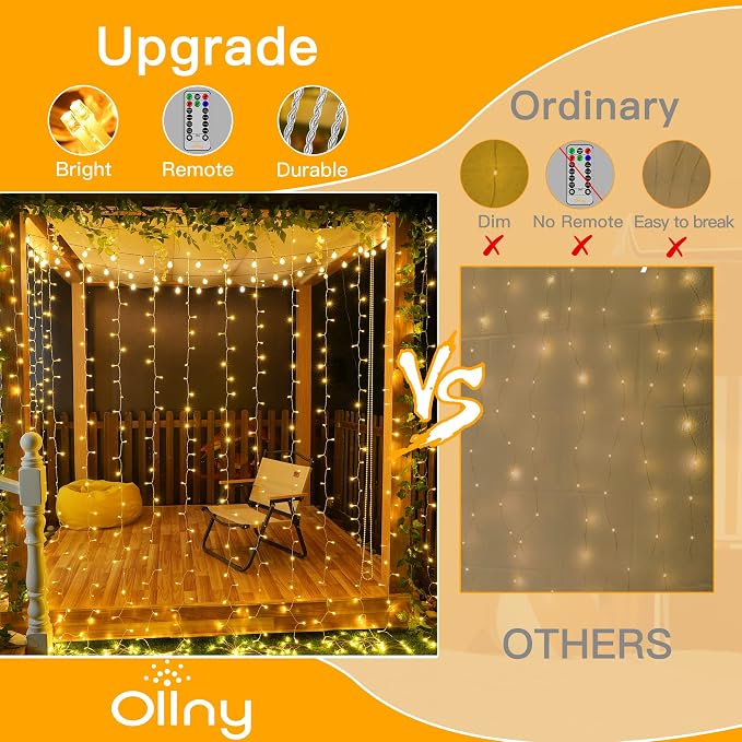 Ollny Curtain Lights 6.6x6.6ft, 200 LED String Lights with Remote 8 Modes Dimmable Timer, USB Power Fairy Light for Bedroom Backdrop Indoor Wall Window Christmas Decorations, Warm White