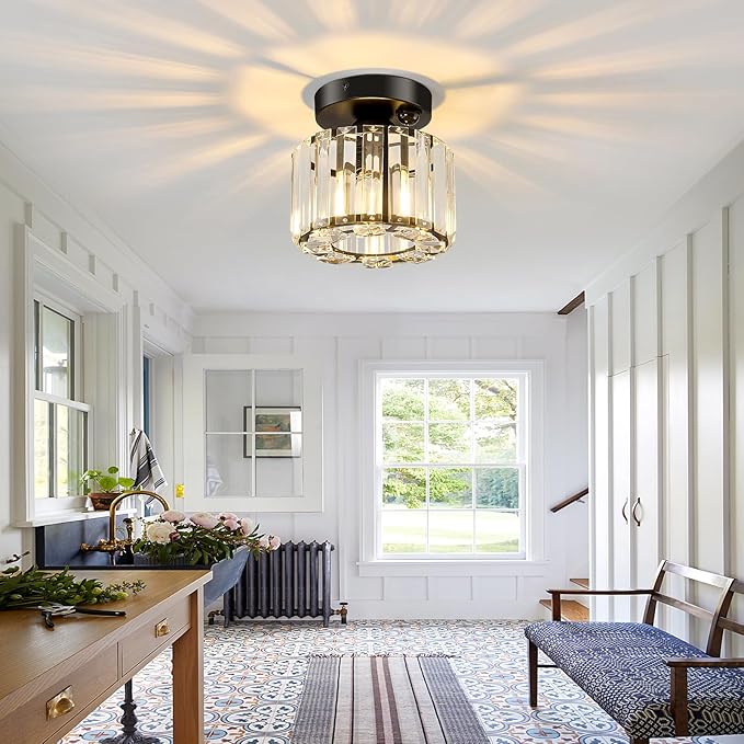 Indoor Motion Sensor Ceiling Light Fixture Modern Small Crystal Semi Flush Mount Ceiling Light Black Mini Round Chandelier for Hallway Closet Entryway Bathroom Kitchen