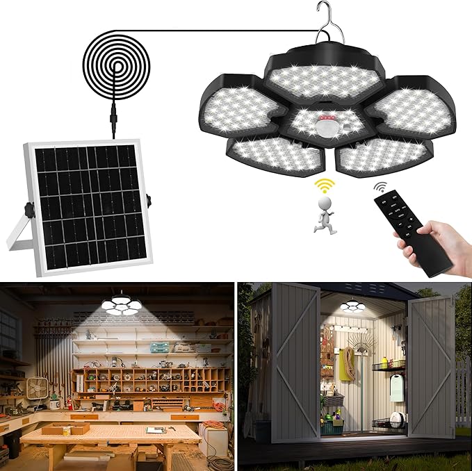 T-SUN Solar Shed Light Indoor Outdoor, 1200LM 156LED Motion Sensor Pendant Light with 5 Lighting Modes & Remote, Daytime Available Waterproof Indoor Light for Shed Barn Gazebo Shop Garage