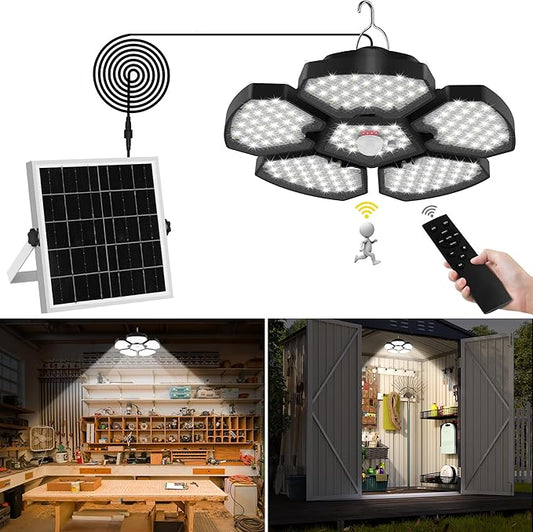T-SUN Solar Shed Light Indoor Outdoor, 1200LM 156LED Motion Sensor Pendant Light with 5 Lighting Modes & Remote, Daytime Available Waterproof Indoor Light for Shed Barn Gazebo Shop Garage