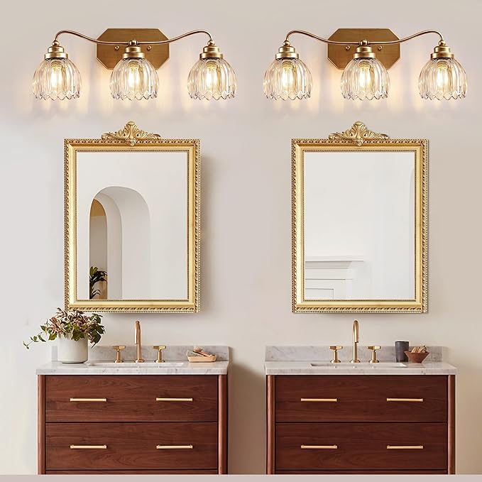 Vintage Bathroom Light Fixtures, Gold Bathroom Vanity Light, Matte Antique Brass Finish with Crystal Glass Shade, Wall Sconces Lighting for Bedroom, Living Room, Hallway (Gold, 3-Light)