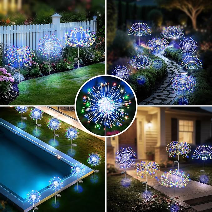 Solar Garden Lights Outdoor, 6 Pack 120 LED Twinkling Firework Lights Decorative with 2 Modes, Outdoor Waterproof Solar Starburst Light for Yard Pathway Planter Patio Decor, Multicolor