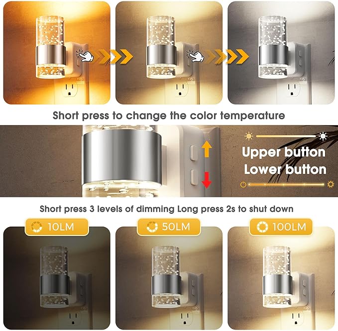 L LOHAS LED Night Lights Plug into Wall, Dimmable Night Light with Dusk-to-Dawn Sensor, Soft White/Cool White/Amber 3 Color Light, Adjustable Brightness, Rotatable Plug, Bubble Nightlight for Hallway
