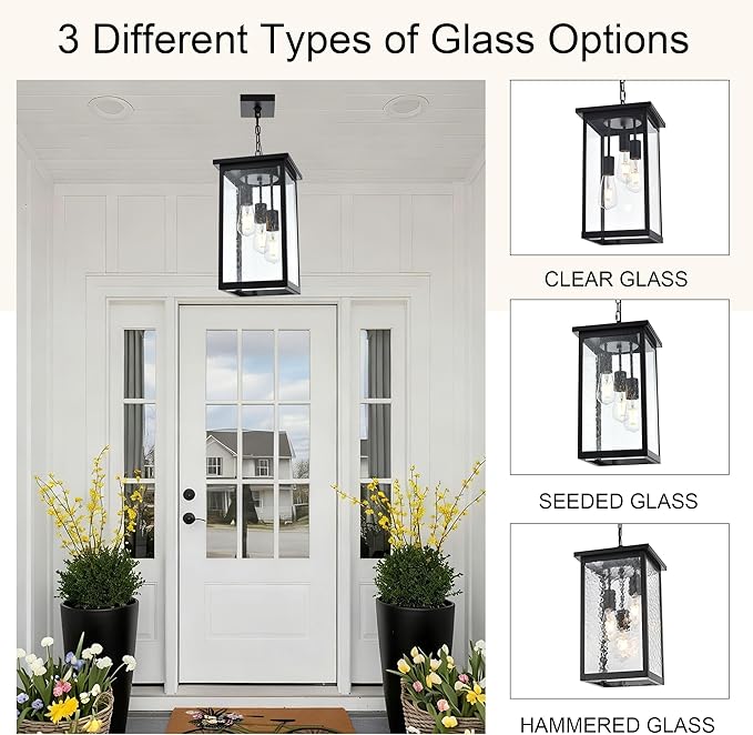 TODOLUZ 3-Lights Large Outdoor Pendant Light, Black Porch Ceiling Lighting Fixtures with Seeded Glass Panel, Exterior Hanging Lantern Adjustable Chain for Yard Entryway Patio