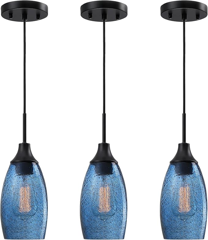 Viinew Mini Glass Pendant Light,4.72" Dark Blue Glass Hanging Light 3-Pack Handblown Clear Blue Seeded Shade Adjustable Cord Ceiling Light Fixture for Kitchen Island Sink