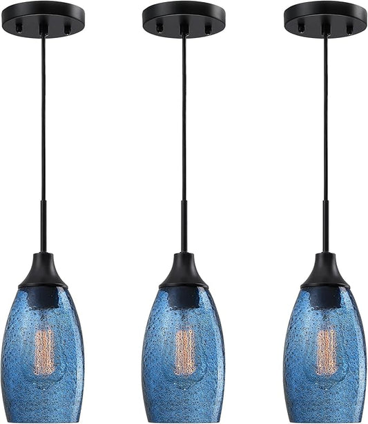 Viinew Mini Glass Pendant Light,4.72" Dark Blue Glass Hanging Light 3-Pack Handblown Clear Blue Seeded Shade Adjustable Cord Ceiling Light Fixture for Kitchen Island Sink