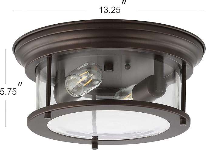 JONATHAN Y 13.25" Oil Rubbed Bronze/Clear 2-Light LED Flush Mount Ceiling Light Fixture, Modern Clear Glass Drum Shade, Industrial Farmhouse Lighting for Kitchen Hallway Bedroom (JYL7446B)