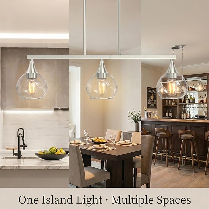 Kitchen Island Linear Pendant Light, 3-Light Modern Chandelier with Clear Glass Globe Shades, Linear Lighting Fixture Over Dining Table, Brushed Nickel