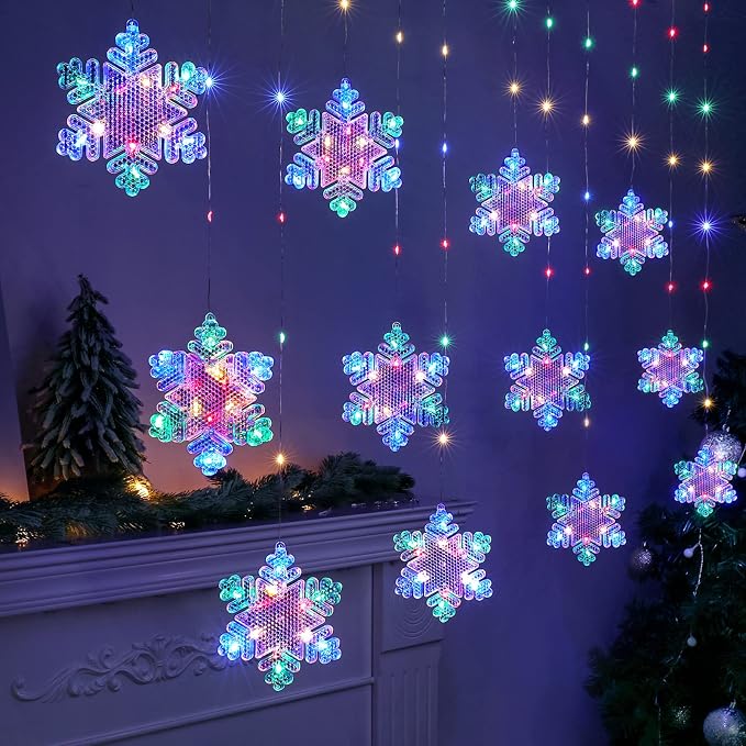 BLOOMWIN Christmas Fairy Curtain Lights 9.8ft Snowflake Lights USB Christmas Indoor Decorations 204LEDs Twinkle Lights with Remote for Bedroom Xmas - Colorful