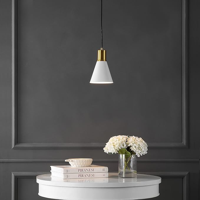 JONATHAN Y 6" White/Brass Gold 1-Light Apollo Mid-Century Modern Iron LED Pendant, Black Metal Shade, Adjustable Hanging Ceiling Light for Kitchen Island, Hallway, LED Bulb Included (JYL6131B)