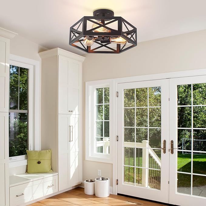 Semi Flush Mount Ceiling Light, Black 3-Light Fixtures Ceiling Mount with Hexagon Cage, Metal Industrial Close to Ceiling Light for Hallway, Kitchen, Bedroom (Black, 14.56''L)