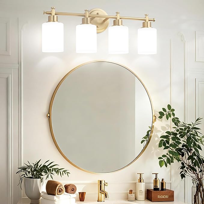 4-Light Bathroom Vanity Light, Brushed Gold Vanity Lights for Bathroom, Modern Brushed Gold Wall Sconce with White Glass Shades, Anti-Rust Light Fixtures over Mirror (Bulbs Not Included, E26 Base)