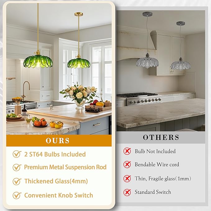 Mid Century Modern Pendant Light 2 Pack Hanging Adjustable Pendant Lights with Brushed Gold Fixture Green Flower Glass Vintage Chandelier for Kitchen Island Bedroom Dining Room（Bulb Incl.）
