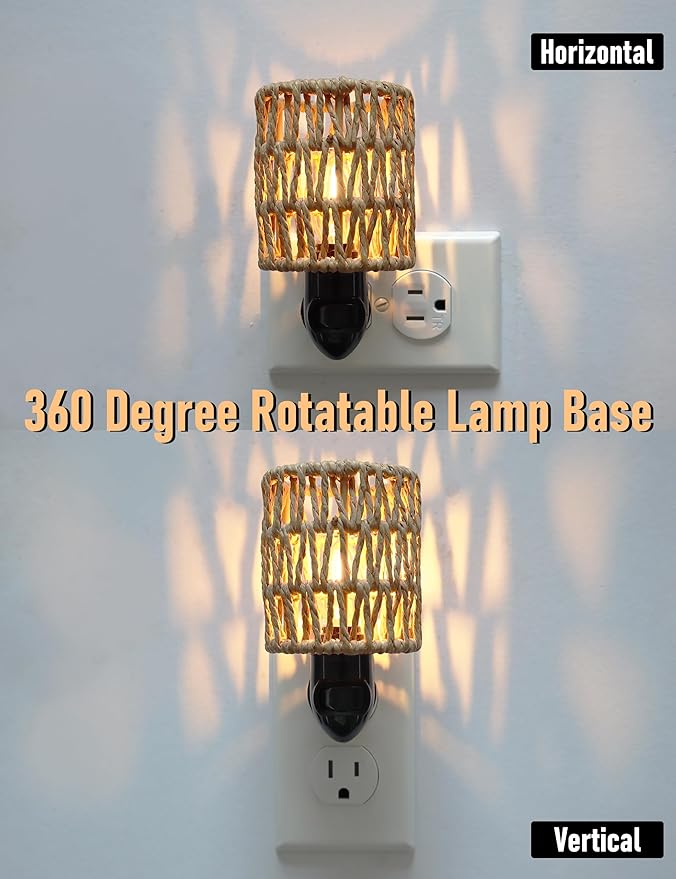 Boho Plug in Night Light with Switch, 2-Pack Farmhouse LED Night Lights Plug into Wall Socket, 0.5W Baby Nursery Nightlight with Bohemian Rattan Lamp Shade for Adult Kids Room Bathroom Hallway