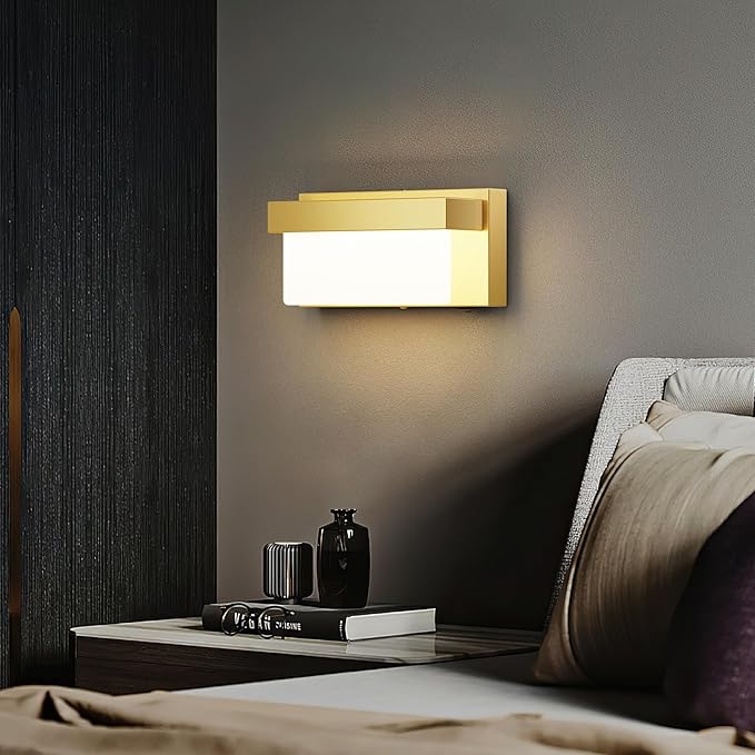 Switched LED Wall Sconce Set of 2, Indoor 8 inch 12 Watt 4000K Wired Gold Wall Mounted Sconce Light with On/Off Switch, Frosted Arcylic Shade Sconces for Bedroom Living Room Bathroom Kitchen Hallway