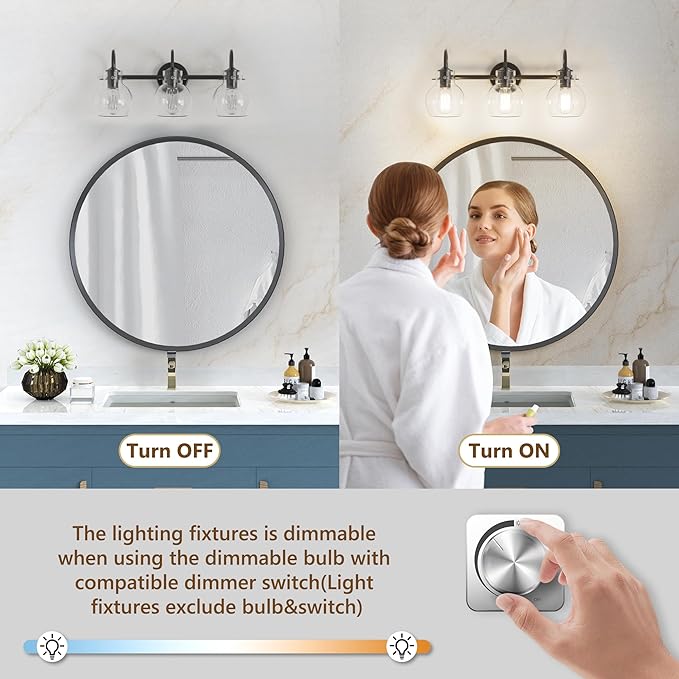 Black Vanity Light, Modern 3 Light Bathroom Light Fixtures Over Mirror Matte Black Bathroom Vanity Light with Globe Glass Shade, E26 Base, 17 Inch, UL Listed