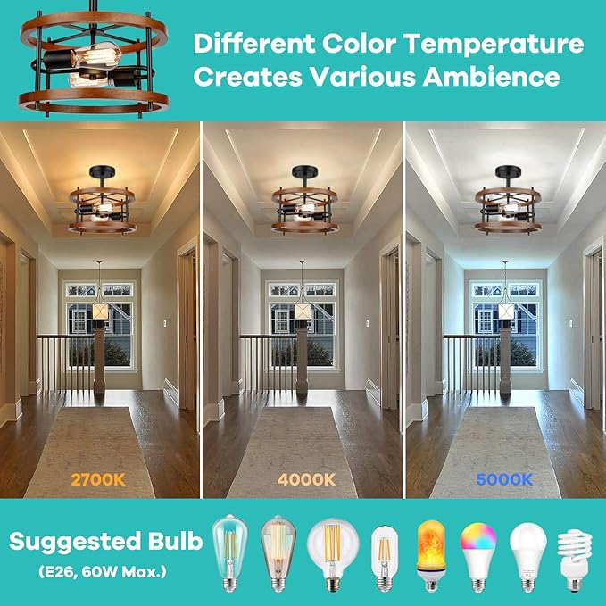 Lakumu 2-Light Retro Semi Flush Mount, Rustic Vintage Wood & Black Metal Industrial Farmhouse Ceiling Lamp for Hallway, Entryway, Bedroom, Balcony, Dining Room