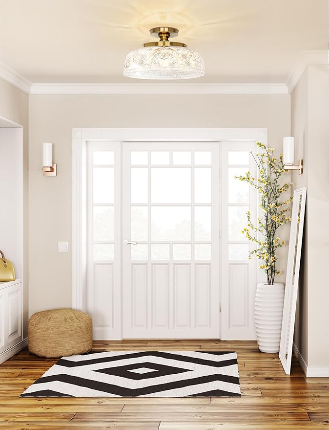 Semi Flush Mount Ceiling Light, 12 Inch Large Gold Ceiling Light Fixture, 3-Light Globe Glass Farmhouse Kitchen Lighting Fixtures for Bathroom, Hallway, Dining Room (Bulb Not Included)