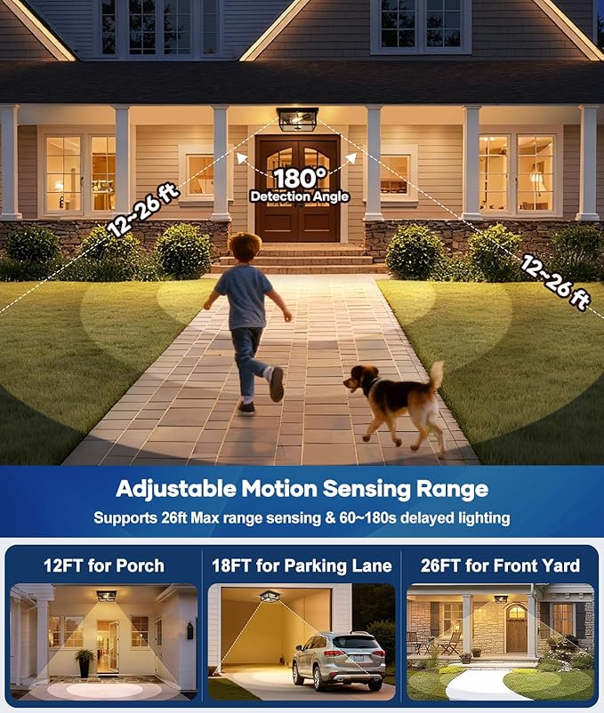 Motion Sensor Outdoor Ceiling Light with Remote, 12.2 Inch Black Flush Mount Porch Light Fixture with United Glass Cover, 5 Modes Outside Flush Mount Light for Porch, Garage, Patio, Entryway