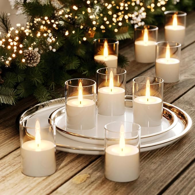 VIODAIM 12Pack Flickering Flameless LED Candles with Remote & Timer, Battery Powered - Small Pillar & Votive, Clear (2"X3")