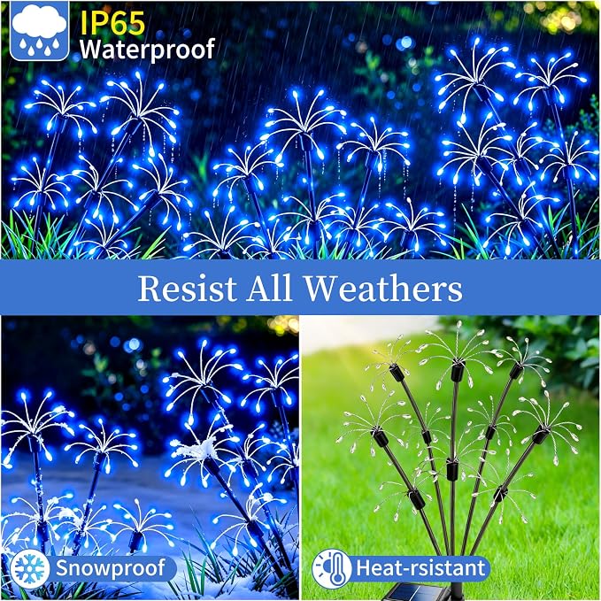 Solar Garden Lights Outdoor, 8 Pack 2-Layer Blue Solar Firework Lights, Waterproof Starburst Fairy Light Garden Decor for Yard Patio Pathway Lawn, Unique Gifts for Women Mom Grandma Mother's Day