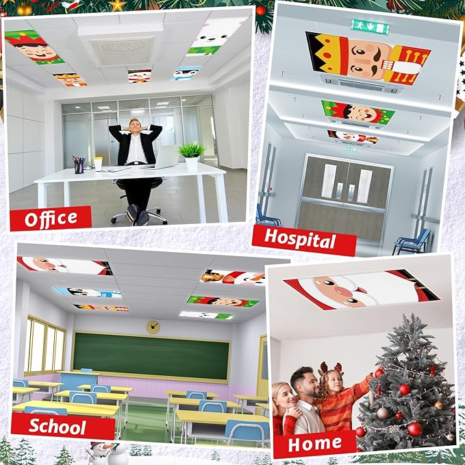 8 Pcs Fluorescent Light Covers with 80 Magnets Decorative for Classroom Ceiling Lights 4 x 2 Feet Magnetic Light Cover Filter Easy Install for Office Hospital Home Ceiling Supplies (Christmas role)