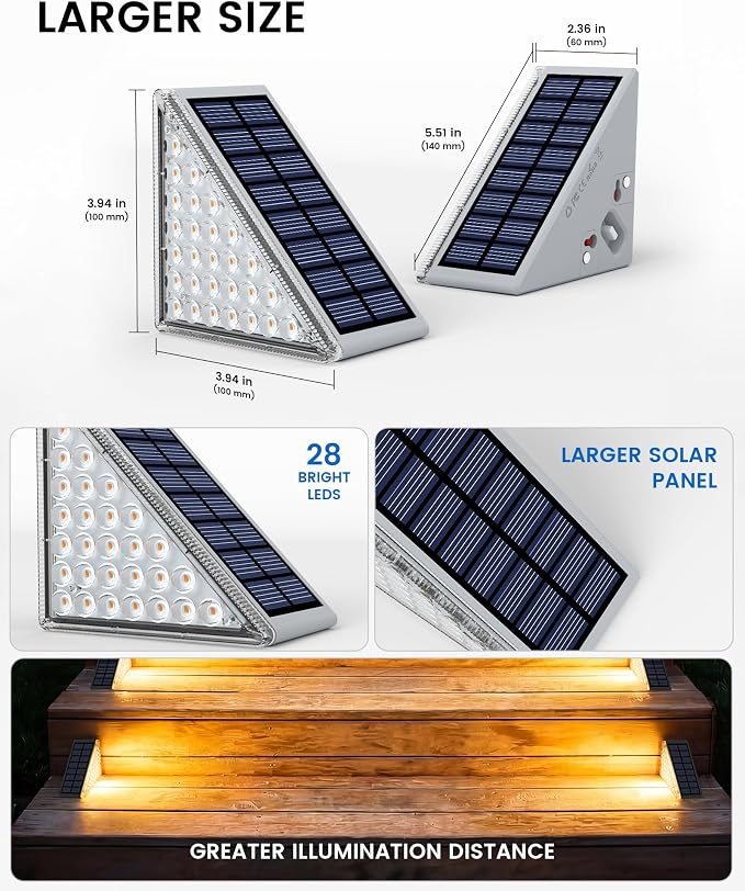 NIORSUN Outdoor Step Lights, Upgraded 28 LEDs 2 Brightness Modes, IP67 Waterproof Solar Stair Lights for Outside Steps, 1200mAh Battery Long Runtime Warm White for Patio Deck Yard Porch, 8 Pack