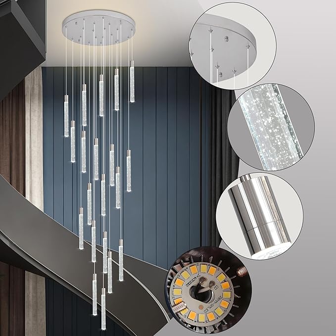 20-Light Chrome High Ceiling Chandeliers Modern Crystal Chandeliers for Entryway Long Spiral LED Dimmable Chandelier Flush Mount Ceiling Staircase Foyer Living Room Ceilings Light Fixture