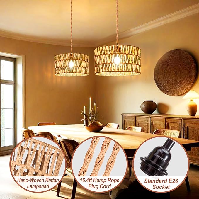 Plug in Pendant Light,Rattan Hanging Lights with Plug in Cord,Handmade Hanging Lamp Plug in,Rattan Light Fixtures Ceiling Hanging for Living Room Bedroom