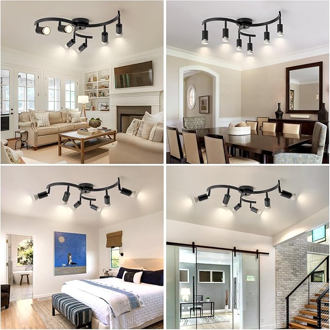 SEEBLEN 6 Light Track Lighting Fixtures Ceiling, Flexibly Rotatable Light Heads, Black Semi Flush Mount Ceiling Light for Kitchen Dining Room Living Room.Gu10 Bulb Base.