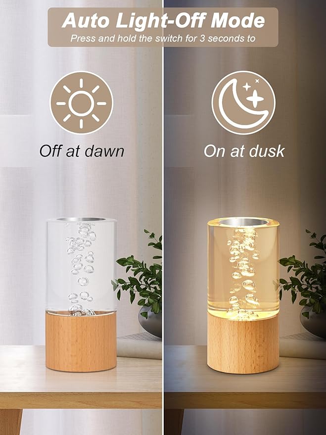 WLHONG Small Wood Table Lamp with USB - 3000K Dimmable LED Rechargeable Bedside Desk Light with Wooden Base, Portable Nightstand Bubble Lamps for Bedroom,Dorm,Living Room,Office Creative Lighting