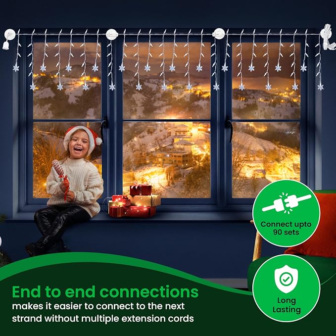LED Twinkle Window Icicle Snowflake Lights - 3 Feet - 8 of 50 Lights Twinkle - 50 LED Cool White Bulbs - Indoor Outdoor - Random Shimmering Twinkle Christmas Icicle Snowflake Lights