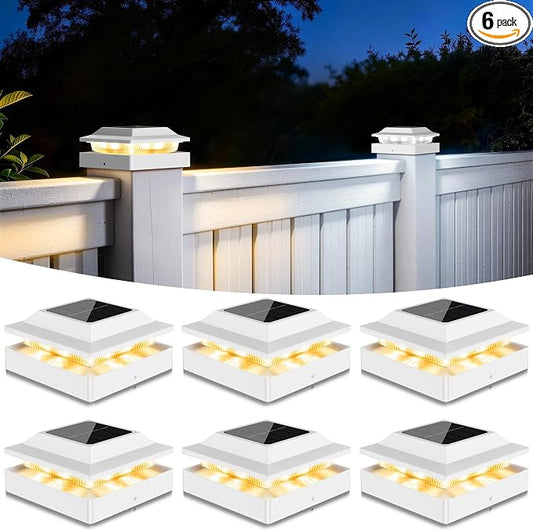 Solar Post Cap Lights 6-Pack, IP65 Waterproof Fence Post Solar Lights for 4x4 Wood/Vinyl Posts, Outdoor Post Lights with 2 Color Modes Decorate Garden Patio Porch Backyard, White