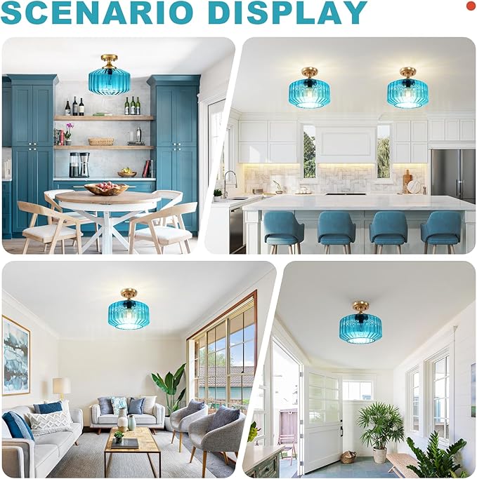 2 Pack Blue Glass Flush Mount Ceiling Light Fixture, 11.02" Gold Farmhouse Mid Century Modern Close to Ceiling Light for Entryway, Closet, Schoolhouse, E26 Base