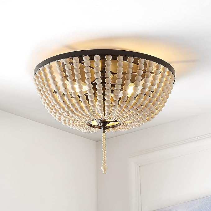 JONATHAN Y 15" Oil Rubbed Bronze/Cream Allison 3-Light LED Flush Mount Ceiling Light for Bedroom, Wood Beaded Shade Shabby Chic Farmhouse Rustic Decor, LED Bulbs Included (JYL9019B)